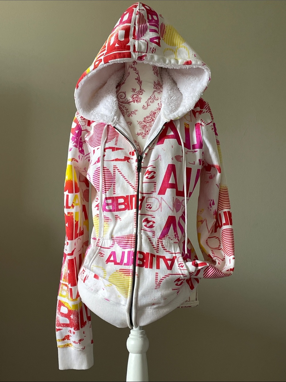 Billabong White Hooded Graphic Zip Jacket with Pink & Yellow Accents